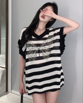 Bow lotus leaf edges sweater summer lazy tops for women