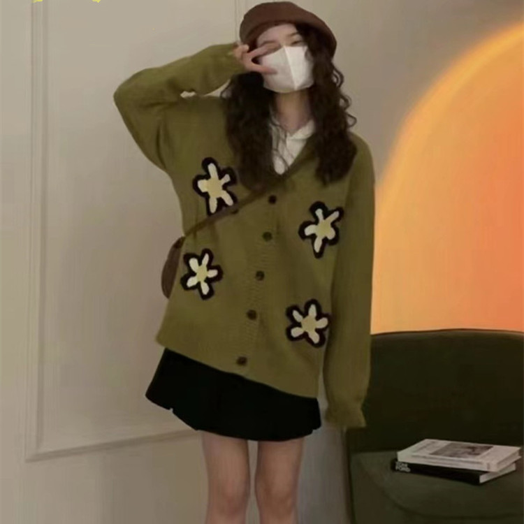 Korean style jacquard slim sweater green loose cardigan