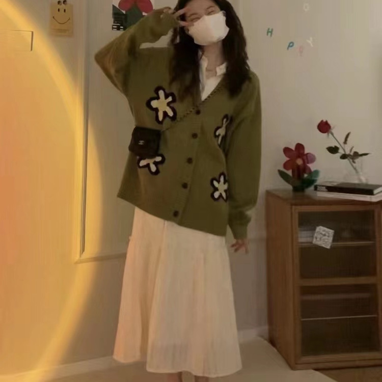 Korean style jacquard slim sweater green loose cardigan