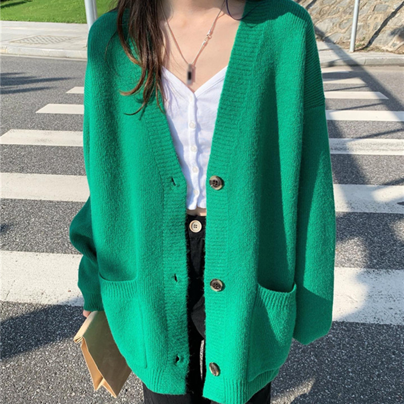 Knitted loose thick coat college style large pockets cardigan
