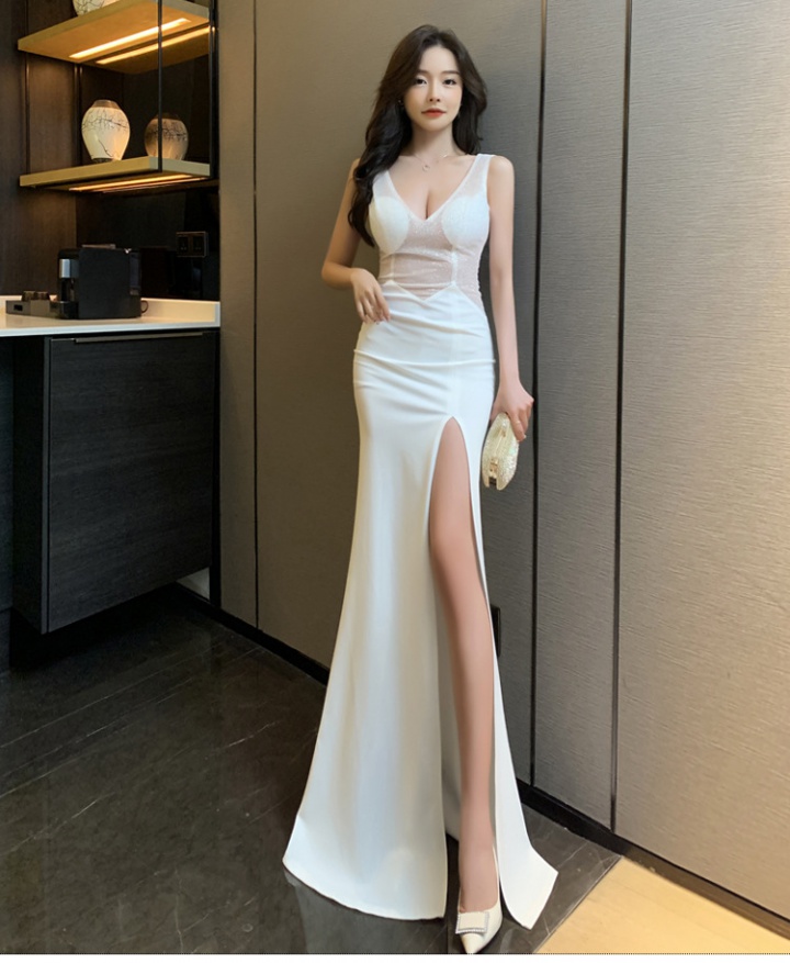 V-neck gauze slit dress mopping sexy long dress