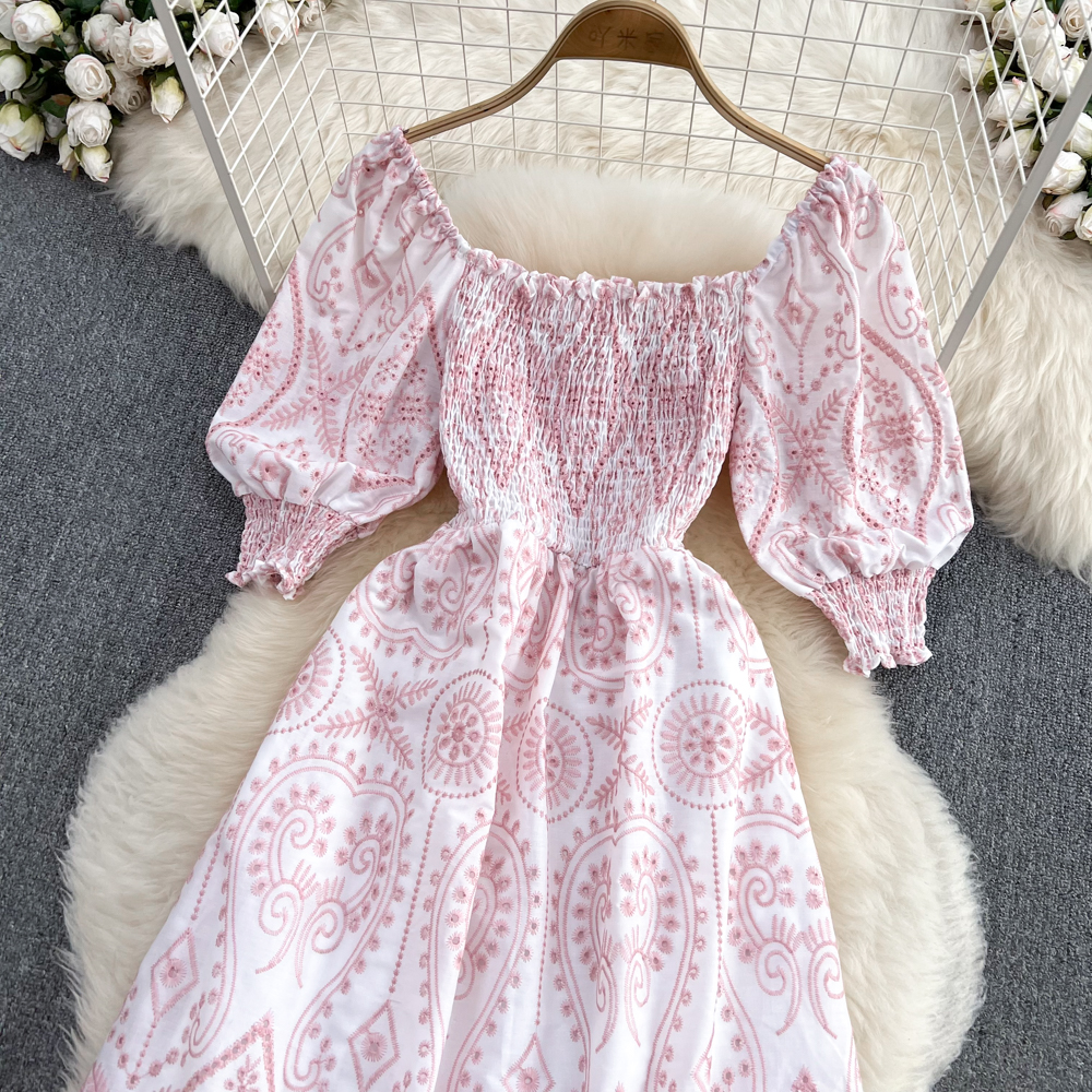 Bubble France style summer long dress sweet square collar dress