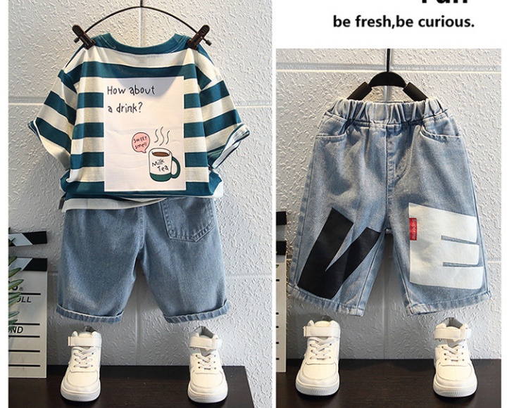 Child baby Western style short sleeve jeans 2pcs set