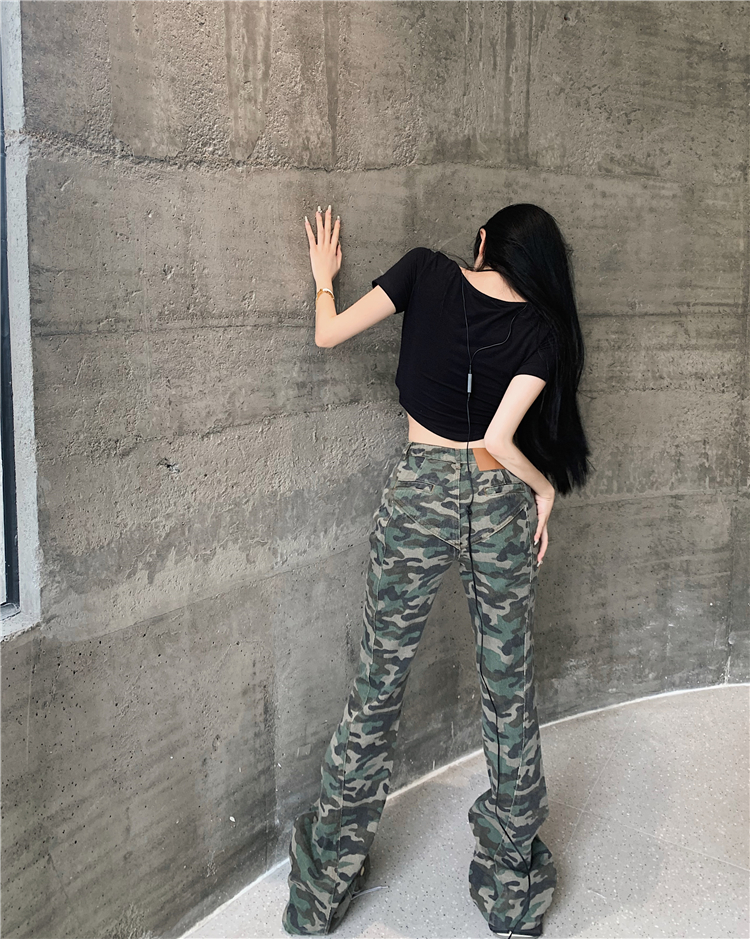 Spicegirl navel pants camouflage T-shirt 2pcs set for women