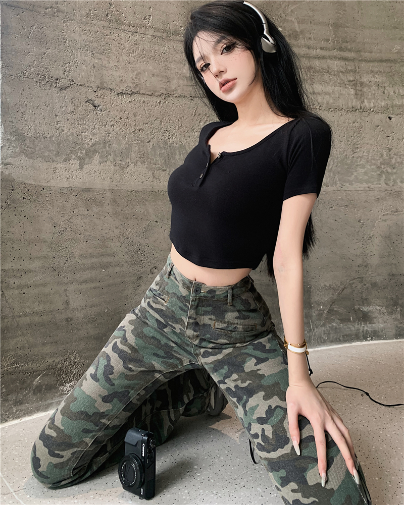 Spicegirl navel pants camouflage T-shirt 2pcs set for women