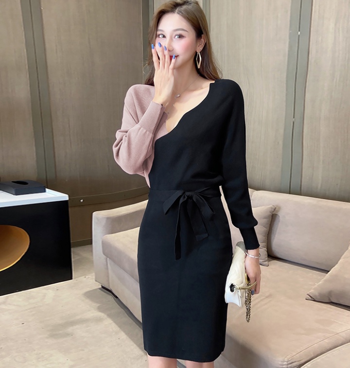 Mixed colors bat sleeve pinched waist dress for women