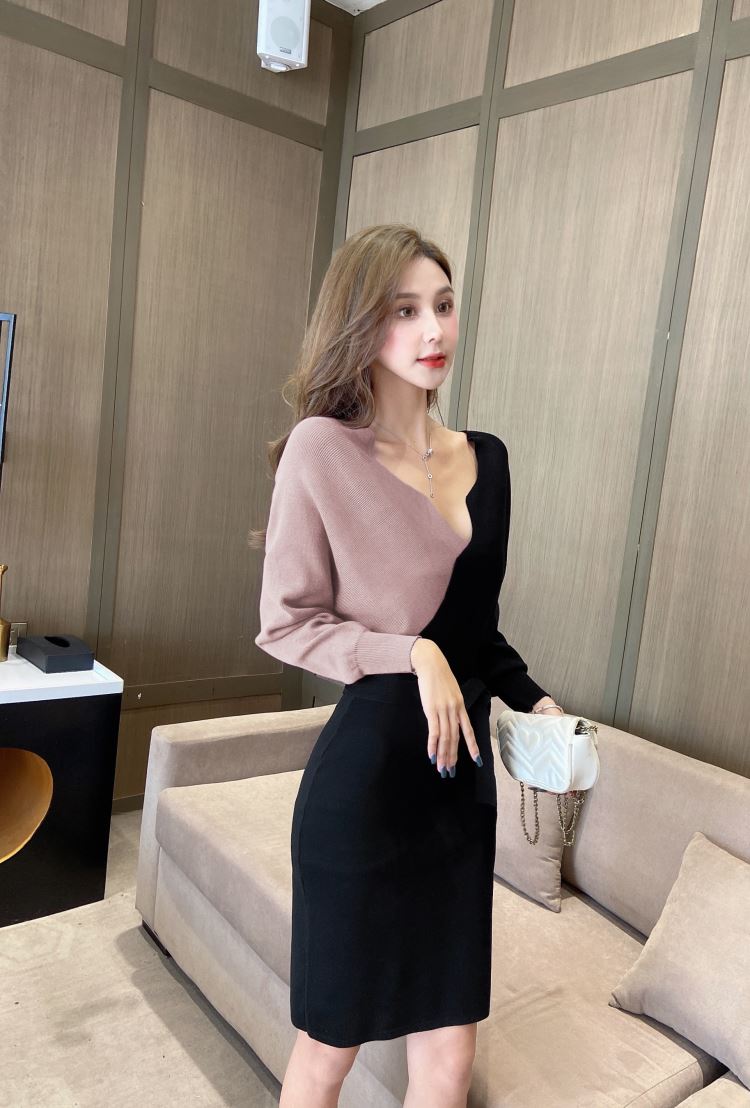Mixed colors bat sleeve pinched waist dress for women