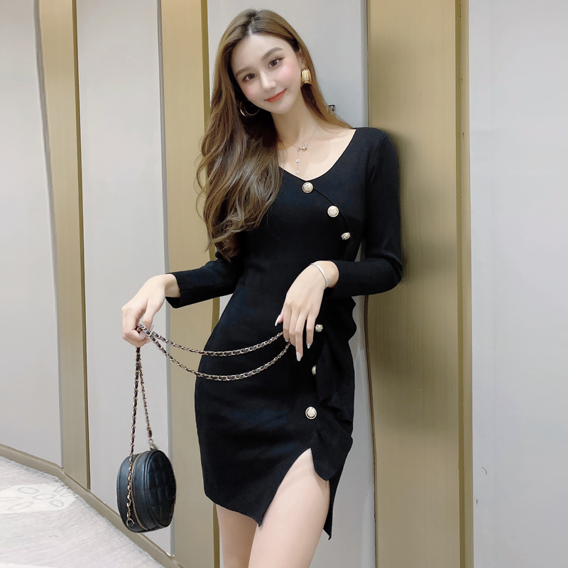 Knitted sexy winter slim buckle dress for women