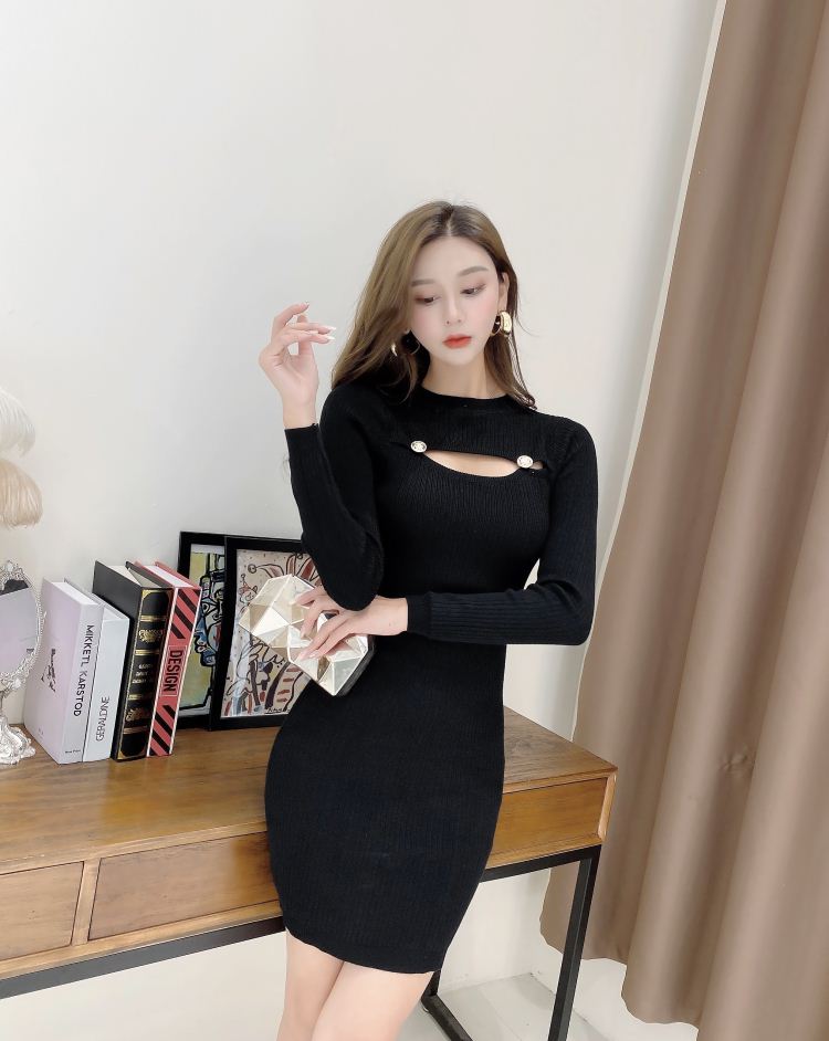 Slim knitted temperament long sleeve sexy dress for women