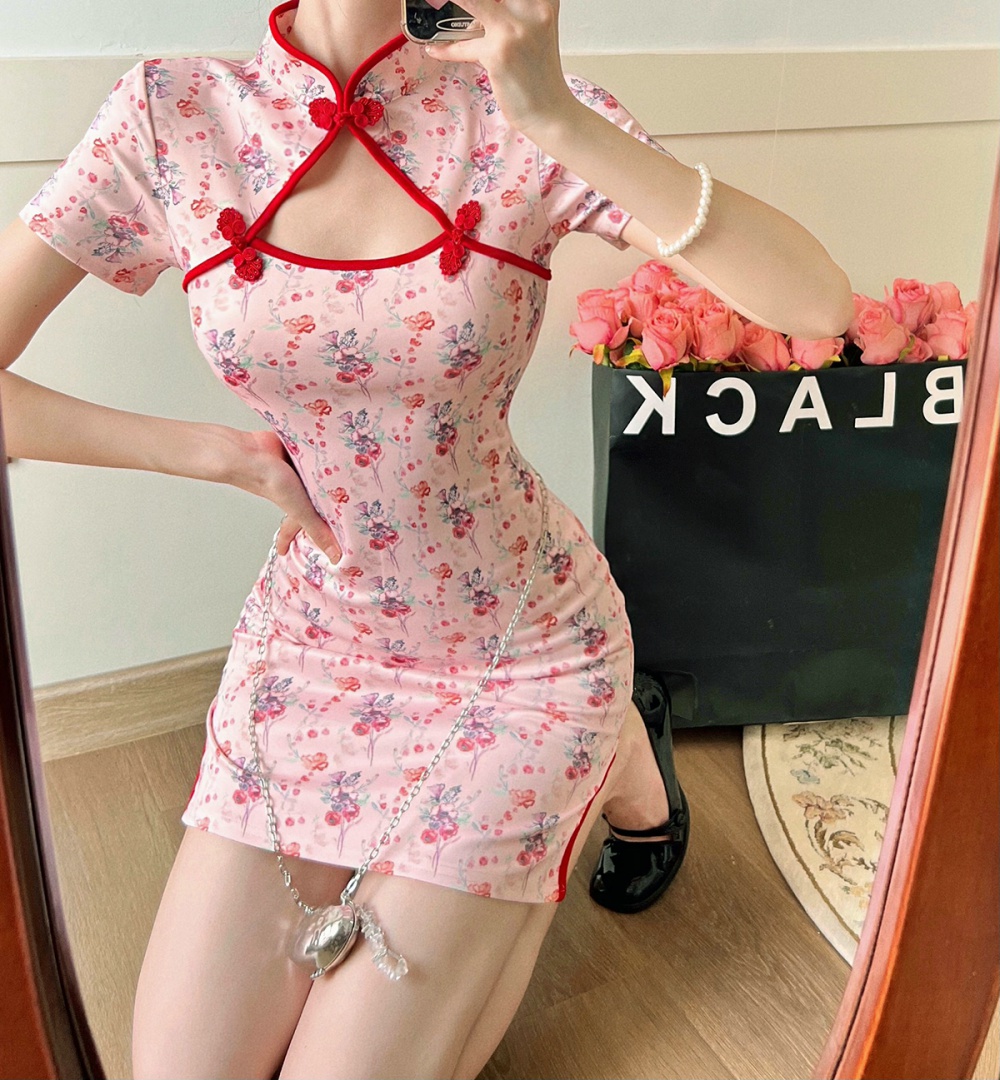 Floral summer cheongsam Chinese style short sleeve dress
