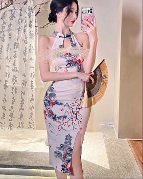 Strapless Chinese style long cheongsam colors light dress