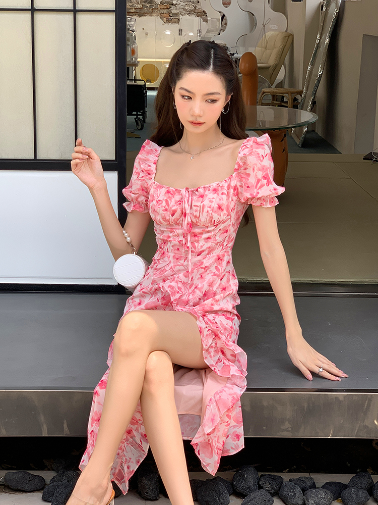 Chiffon pink split long dress floral sweet T-back for women