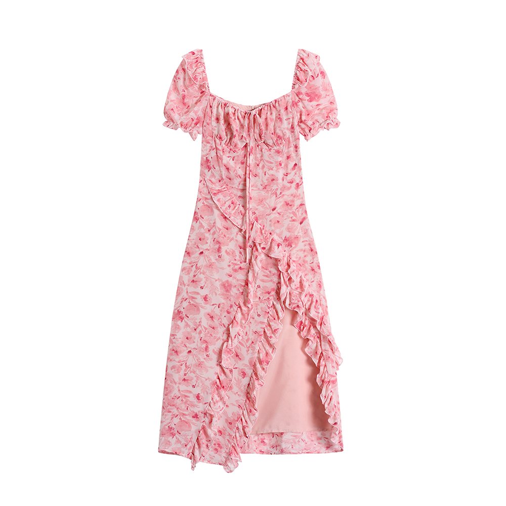 Chiffon pink split long dress floral sweet T-back for women