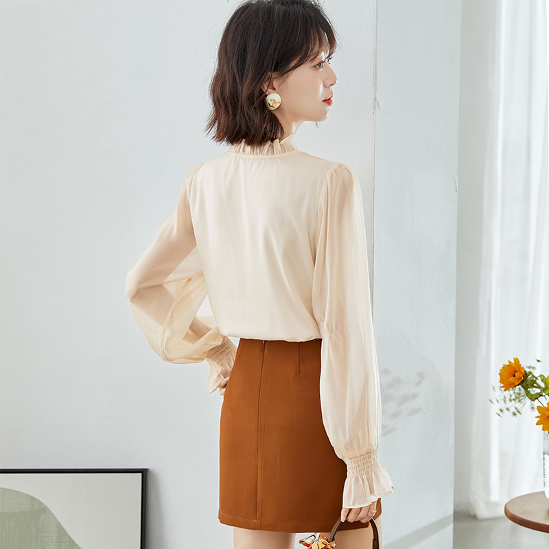 Lantern sleeve V-neck tops autumn apricot shirt for women