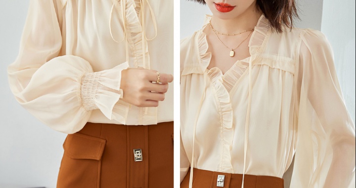 Lantern sleeve V-neck tops autumn apricot shirt for women