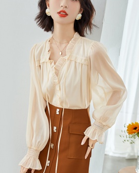 Lantern sleeve V-neck tops autumn apricot shirt for women