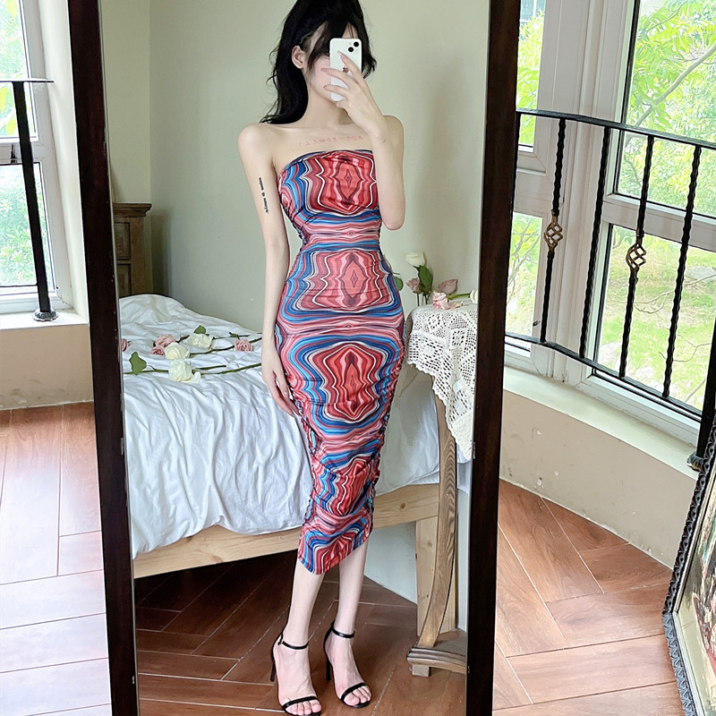 National style printing wrapped chest sexy dress for women