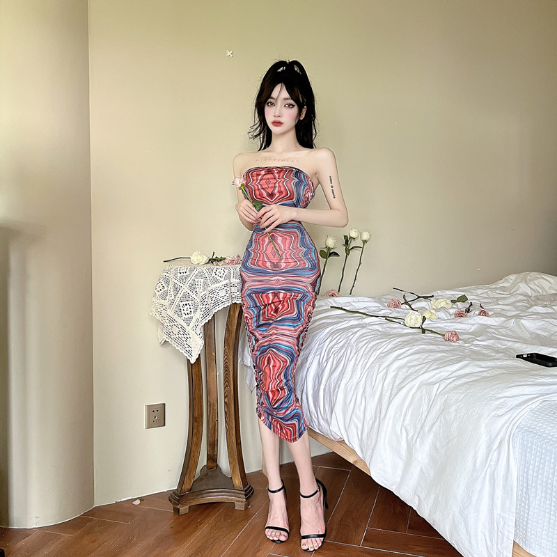 National style printing wrapped chest sexy dress for women