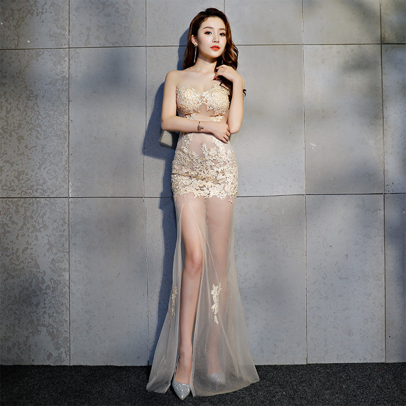 Lace transparent formal dress nightclub long dress for women