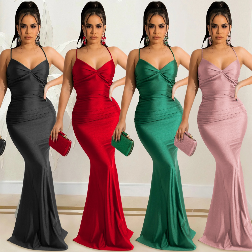 Wrapped chest sexy sling dress pure tight halter long dress
