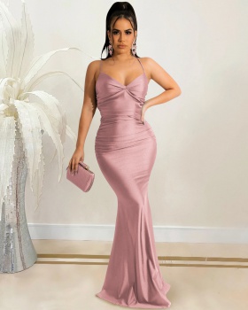 Wrapped chest sexy sling dress pure tight halter long dress