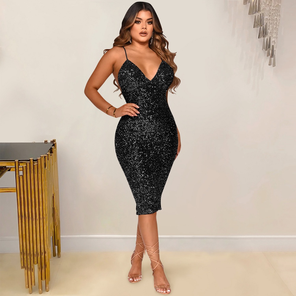 Sexy sling T-back sequins V-neck dress for women