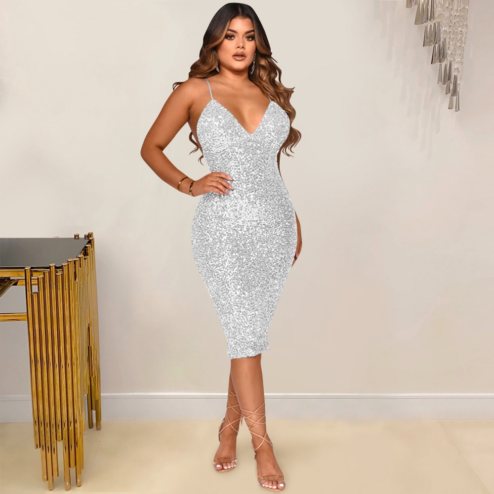 Sexy sling T-back sequins V-neck dress for women