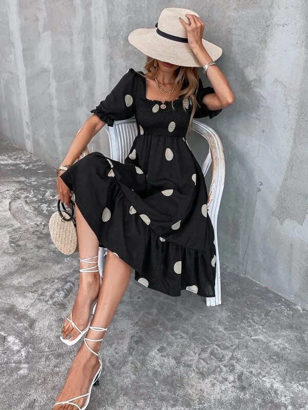 Summer polka dot bandage European style square collar dress