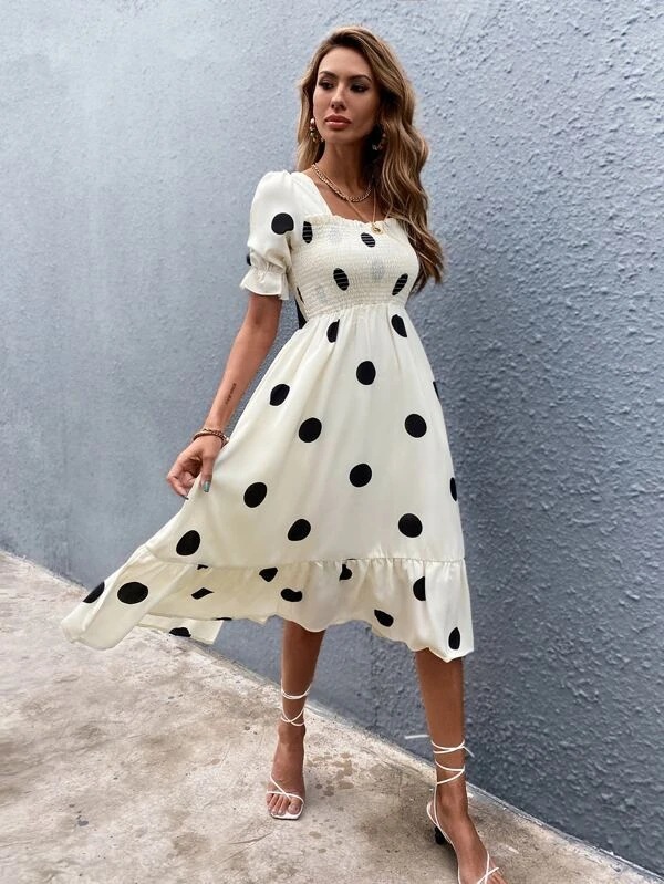 Summer polka dot bandage European style square collar dress