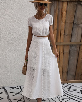 European style white tops round neck skirt 2pcs set for women