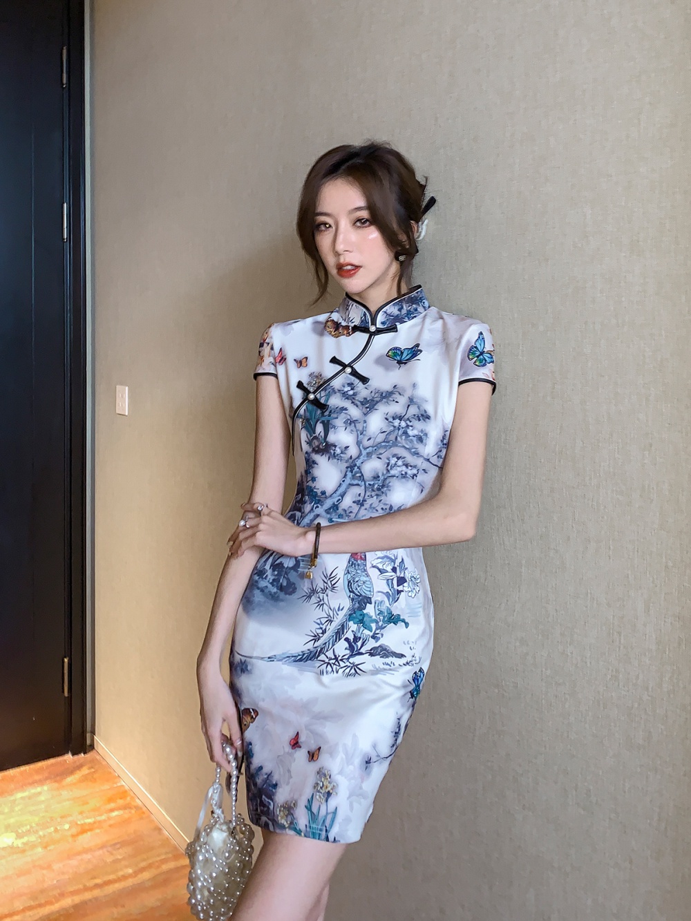 Retro colors maiden cheongsam ink package hip slim dress