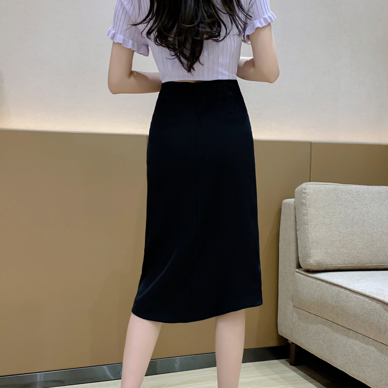 Slim autumn black long dress high waist pleated skirt