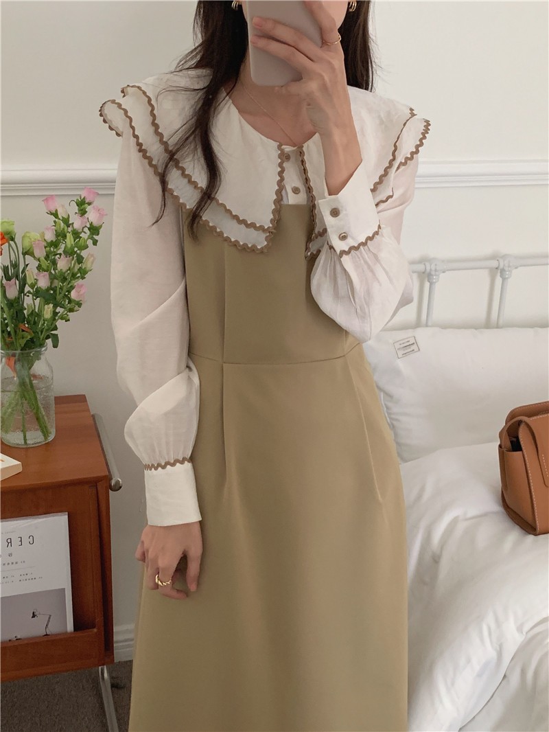 Autumn lace splice Pseudo-two pinched waist long slim dress
