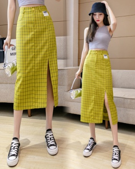 Autumn split high waist long dress long plaid skirt for women