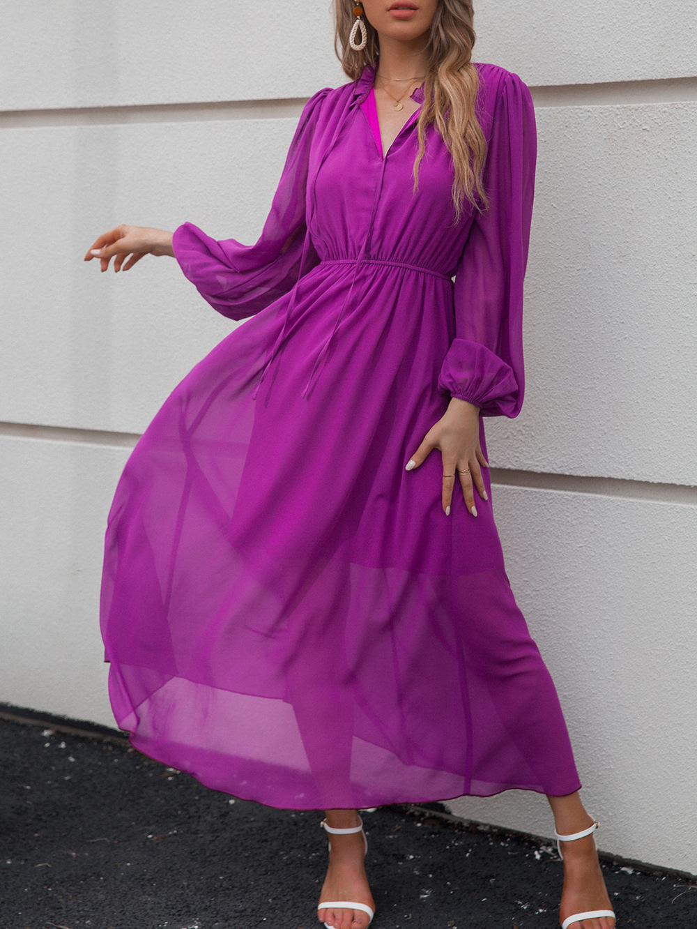 V-neck purple European style bandage dress for women