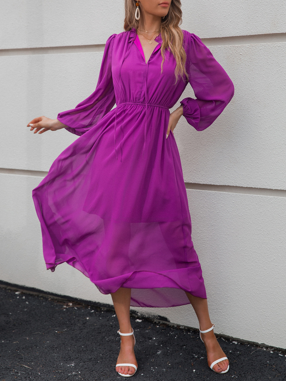 V-neck purple European style bandage dress for women