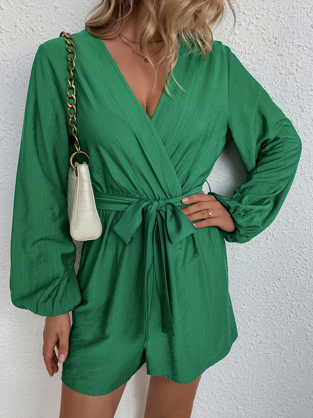 Bow European style green autumn V-neck jumpsuit for women
