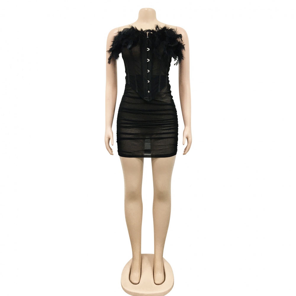 European style lace vest folds short skirt 2pcs set