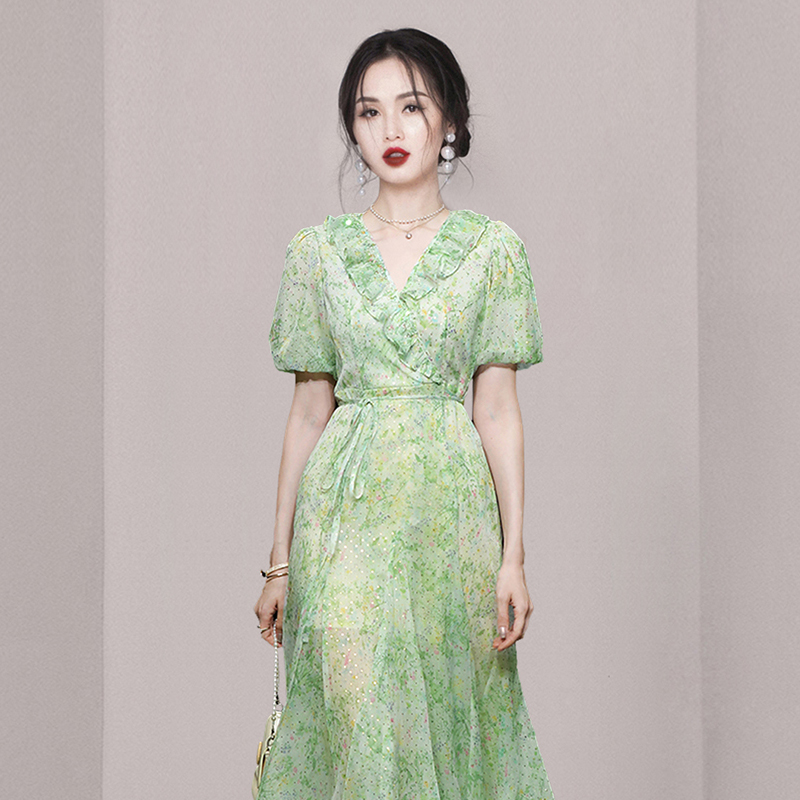 Romantic glitter fashion green printing V-neck dress