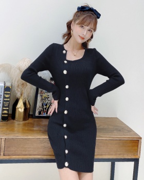Package hip slim knitted oblique collar temperament dress