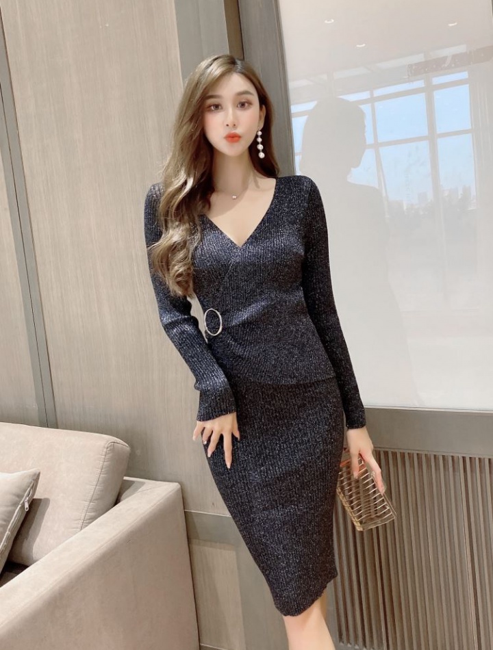 Fold knitted autumn and winter package hip dress for women