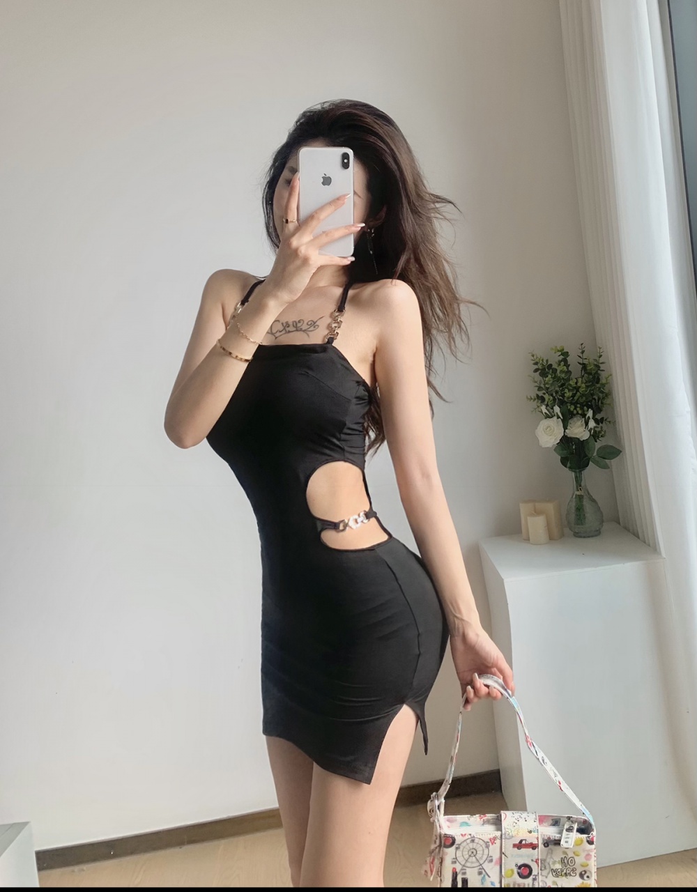 Black package hip dress metal decoration sexy T-back