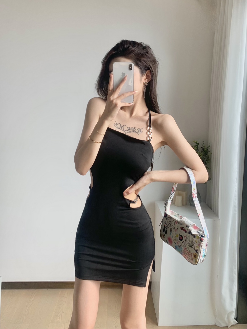 Black package hip dress metal decoration sexy T-back