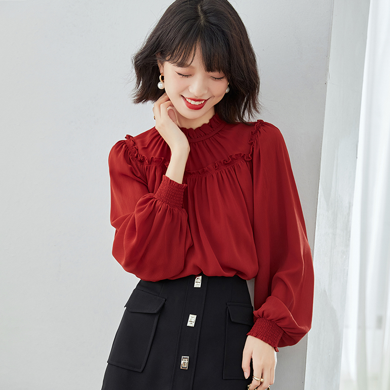 Loose autumn tops real silk chiffon shirt for women