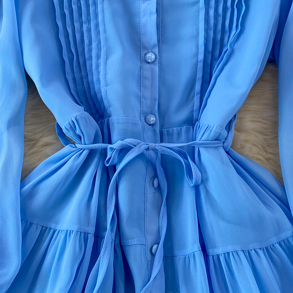 Pinched waist fold single-breasted slim big skirt dress