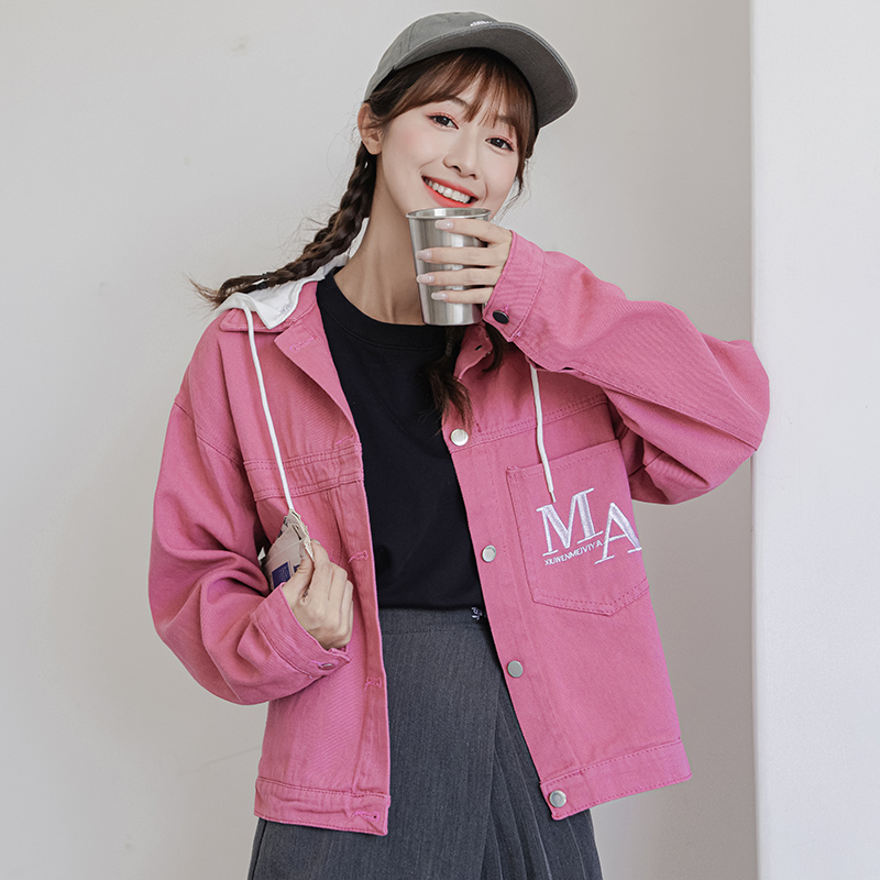 Autumn candy colors embroidered jacket denim letters coat