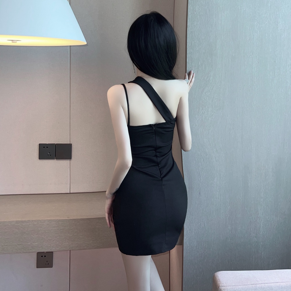 Slim hollow sloping shoulder pinched waist sling sexy dress