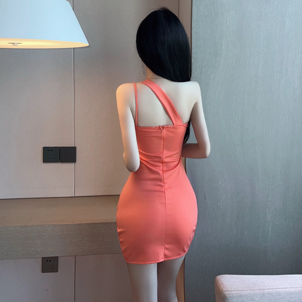 Slim hollow sloping shoulder pinched waist sling sexy dress