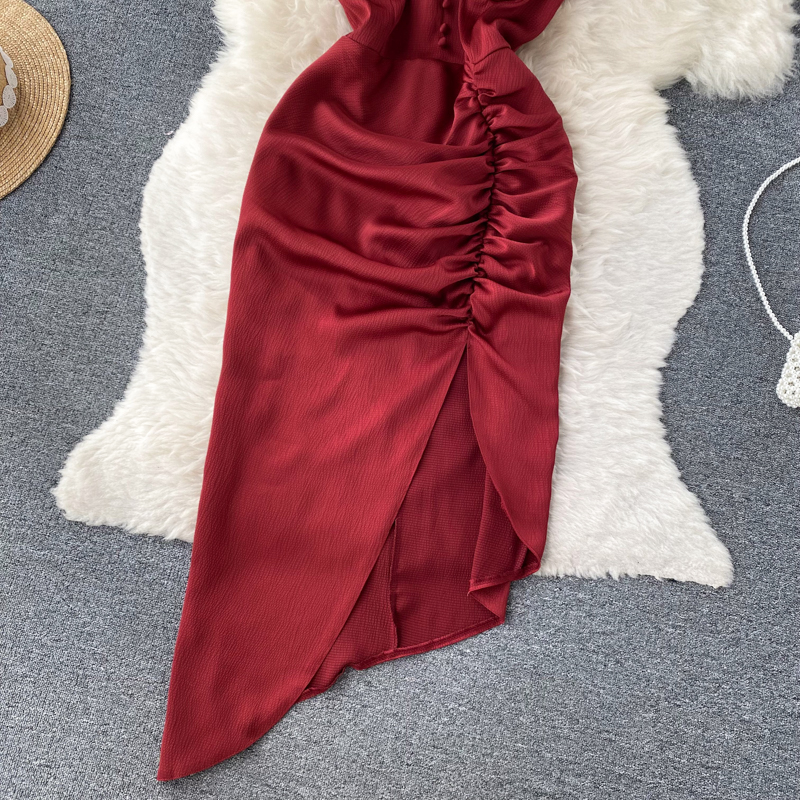 Red long dress pinched waist dress for women