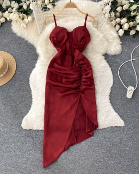 Red long dress pinched waist dress for women
